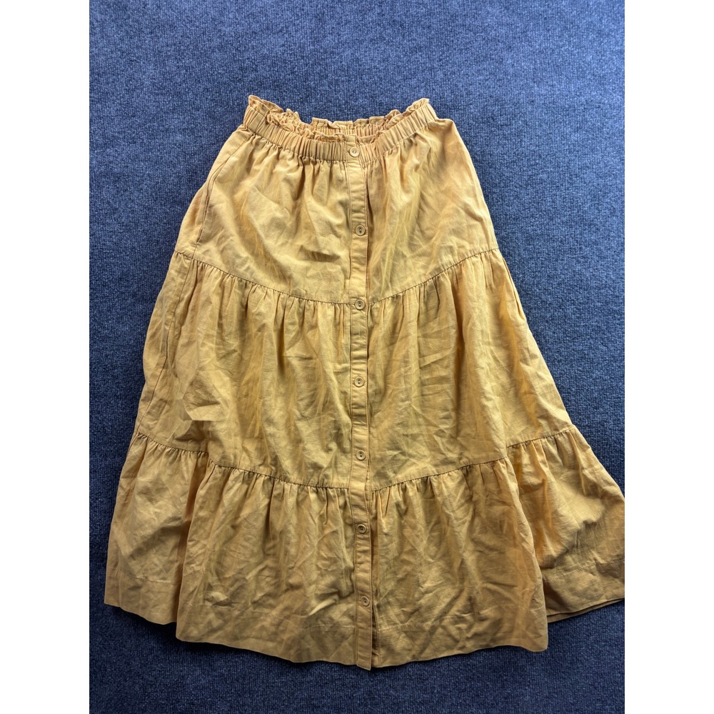 Greylin Tiered Midi Skirt Womens S Yellow Button Front Linen Blend G242S9325